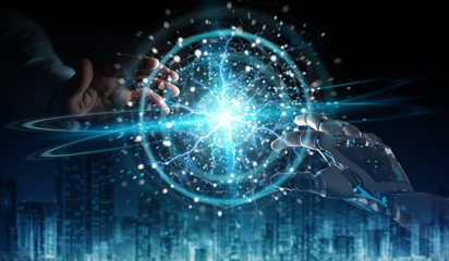 Robot hand and human hand touching digital sphere network on dark background 3D rendering