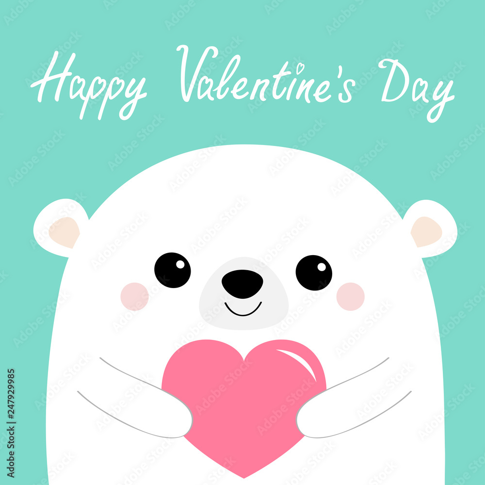 Happy Valentines Day. White bear head face holding pink heart. Love card.  Cute cartoon kawaii funny baby animal character. Flat design. Blue  background. Isolated. Stock Vector | Adobe Stock, image size:1000x1000