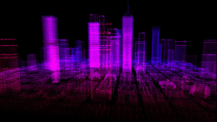 Sticker - Energy power of future big city concept, purple neon color skyscraper building of business area architecture simulation technology digital fly over view