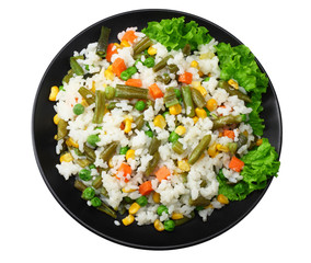 Wall Mural - black plate with white rice, green peas, canned corn kernels, cut green beans isolated on white background. top view