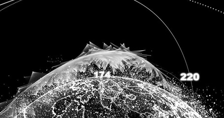 Poster - abstract globe with particles and plexus structure. Digital technology planet with continent forming. Triangulated structure. Glows and particles. alpha channel