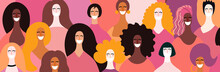 Womens Day Card, Poster, Banner, Background, With Diverse Women Faces. Hand Drawn Vector Illustration. Flat Style Design. Concept, Element For Feminism, Girl Power.