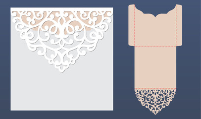 Wall Mural - Laser cut wedding invitation card template vector. Pocket envelope with abstract ornament. Open card. Suitable for greeting cards, invitations, menus.