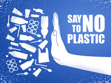 Say No To Plastic. Problem Plastic Pollution. Ecological Poster. Banner Composed Of White Plastic Waste Bag, Bottle And Hand On Blue Background.