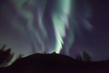 northern lights in norway in green, blue and violet colours and a silhouette of a mountains in front
