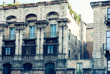 Beautiful cityscape of Italy, historical street of Catania, Sicily, facade of old buildings