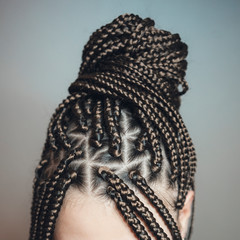 close-up hairstyle pigtails are collected in the tail at the nape, partings are visible