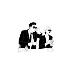 Couple man and woman, stylish young people with coffee, relationship, meeting, chat, business. Fashionable girl with glasses. Brutal man with glasses. Graphic monochrome vector illustration.