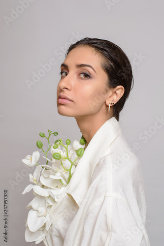 Portrait Of Beautiful Woman In White Dress With Wet Style Hair On White Background Sensual Girl Profile View Stock Photo Adobe Stock Portrait Of Beautiful Woman In White Dress With Wet Style Hair On White Background Sensual Girl Profile View Stock Photo Adobe Stock