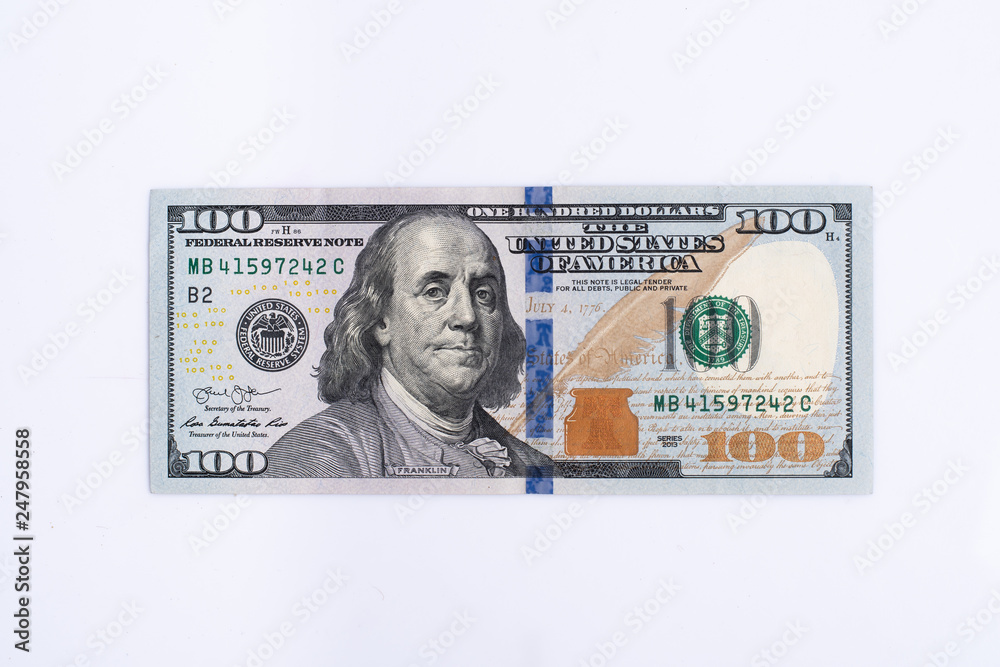One hundred dollar bill isolate on a white background - obrazy, fototapety, plakaty 