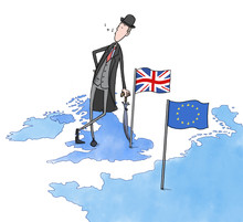 Brexit. Funny Hand Painted Illustration About The UK Referendum.The UK Is On Course To Leave The EU. A Businessman Whistles To Himself. Also UK And Europe Flags. 