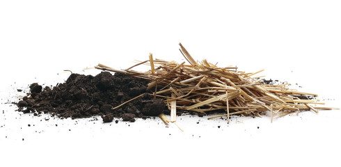 Soil, dirt pile with straws isolated on white background