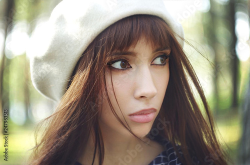 Young Woman With Long Brown Hair French Bangs Big Eyes White