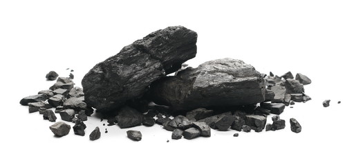 black coal chunks isolated on white background