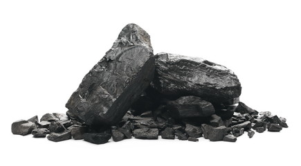 black coal chunks isolated on white background