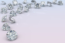 Variously Cut Diamonds Scattered Along The Image Corner On Light Blue Pink  Background