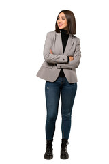 A full-length shot of a Young business woman Happy and smiling over isolated white background