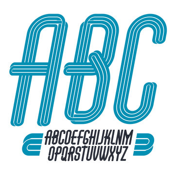 Vector script, modern freaky alphabet letters set with parallel lines, for use as retro poster design elements for fun club or concert advertising.
