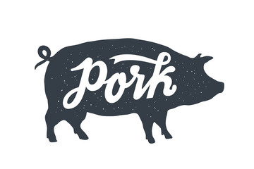 Pig, pork. Vintage lettering, retro print, poster