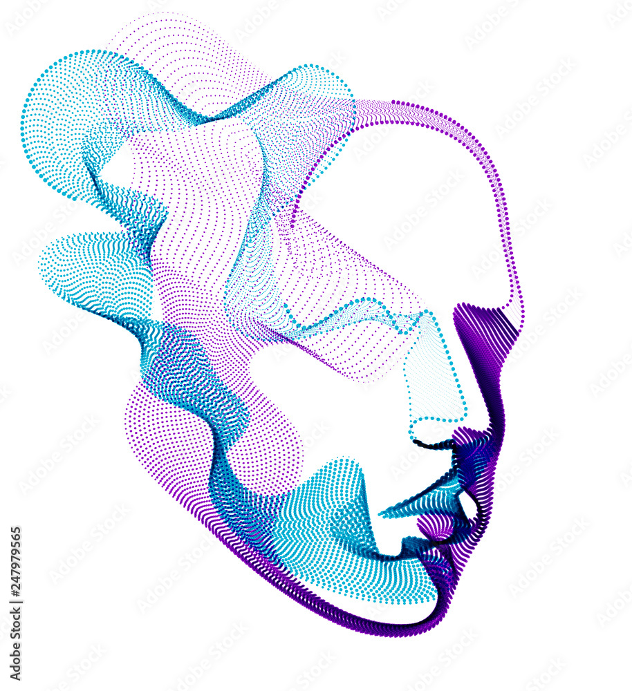 Spirit of digital electronic time, Artificial Intelligence vector illustration of human head made of dotted particles wave lines, particle flow, technological soul of machine. - obrazy, fototapety, plakaty 