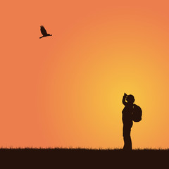Wall Mural - Realistic illustration of a tourist, woman with a backpack. He looks up at the flying bird or the eagle. Isolated on an orange background, vector