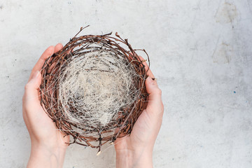 Female hands hold an empty nest with Easter colorful eggs. Top horizontal view abstract composition. Abstract background