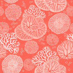 Colorful background for the design and decoration of fabrics, wallpapers, home textiles, packaging and surfaces. Seamless vector pattern on the marine theme with beautiful corals.