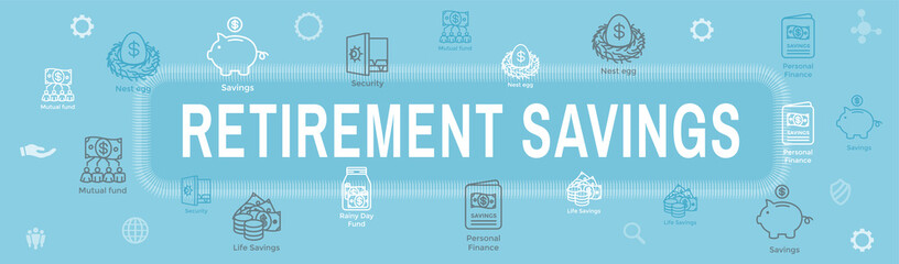 Wall Mural - Retirement Account and Savings Icon Set Web Header Banner w Mutual Fund, Roth IRA, etc