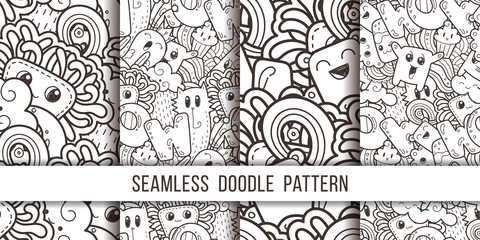 Collection of seamless vector patterns with cute cartoon monsters and beasts. Nice for packaging, wrapping paper, coloring pages, wallpaper, fabric, fashion, home decor, prints etc