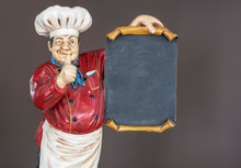 Decorative Wooden Cook With Thumb Up Holding Poster, Dressed In Typical Chef Clothing