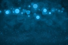 Light Blue Fantastic Bright Glitter Lights Defocused Bokeh Abstract Background With Falling Snow Flakes Fly, Holiday Mockup Texture With Blank Space For Your Content