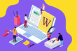 © jeler - Isometric concept creative writing or blogging, education and content management for web page, banner, social media, documents, cards, posters. Illustration for news, copywriting, seminars,