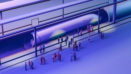 Train station and Hyperloop. Passengers waiting for the train. Futuristic technology for high-speed transport of goods and passengers in low-pressure pipes. 3d rendering