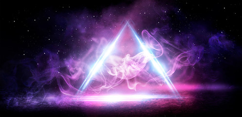 background of an empty wall, a ray of light in the basement, smoke, neon light. magic
