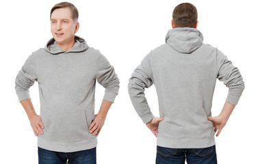 Happy man in template mens hoodie sweatshirt isolated on white background. Man in blank sweatshirt hoody with copy space and mockup for design logo print, Front and back view. Middle age man