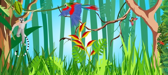 Wall Mural - Horizontal vector illustration of jungle and its habitants