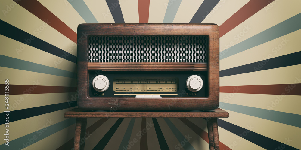Radio old fashioned on wooden table, retro wall background, 3d illustration - obrazy, fototapety, plakaty 