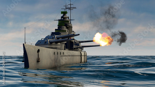 Fotografía 3d illustration of a battleship firing with heavy caliber guns