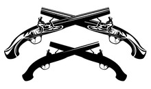Crossed Antique Dueling Pistols - Black And White Weapon Vector Design Set