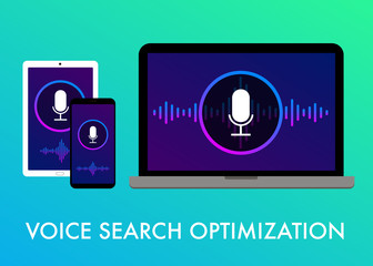 Poster - Voice search optimization, Search by Voice flat vector banner illustration and icons on the gradient background