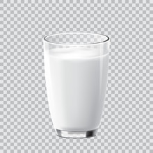 Realistic Crear Glass Of Milk Isolated On Transparent Background. Vector Illustration