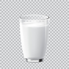 Realistic crear glass of milk isolated on transparent background. Vector illustration