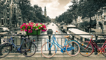 Amsterdam - Black And White Photo With Colored Bicycles