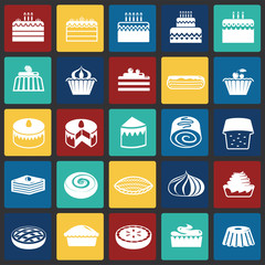 Poster - Cake icons set on color squares background for graphic and web design, Modern simple vector sign. Internet concept. Trendy symbol for website design web button or mobile app