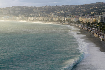 Wall Mural - Beautiful view of the coast of Nice, France, on a misty afternoon