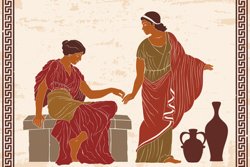 Two ancient Greek women hold each others hands. Vector illustration on a beige background with the aging effect.