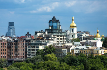 Canvas Print - Aerial top view of Kiev churches on hills, Kyiv city, Ukraine