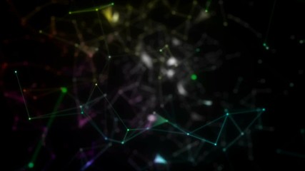 Poster - Multicolored rotating structure.Virtual space with depth of field. Looped holographic gold background as microcosm or nano world. Seamless footage with particles form lines, surfaces, grid.