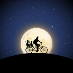 Sticker - Father with children on bicycle on moonlit night. Vector illustration with silhouette of family riding bike on hill in park. Full moon in starry sky.
