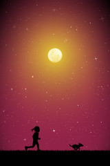 Poster - Little girl with dog on moonlit night. Vector illustration with silhouettes of running child with pet in park. Full moon in starry sky